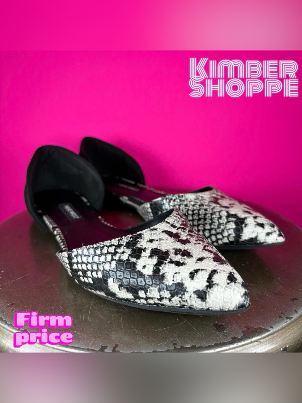 Nine West Starship Snake Print Leather Black Suede Pointed Toe Flat US 7.5 UK 6